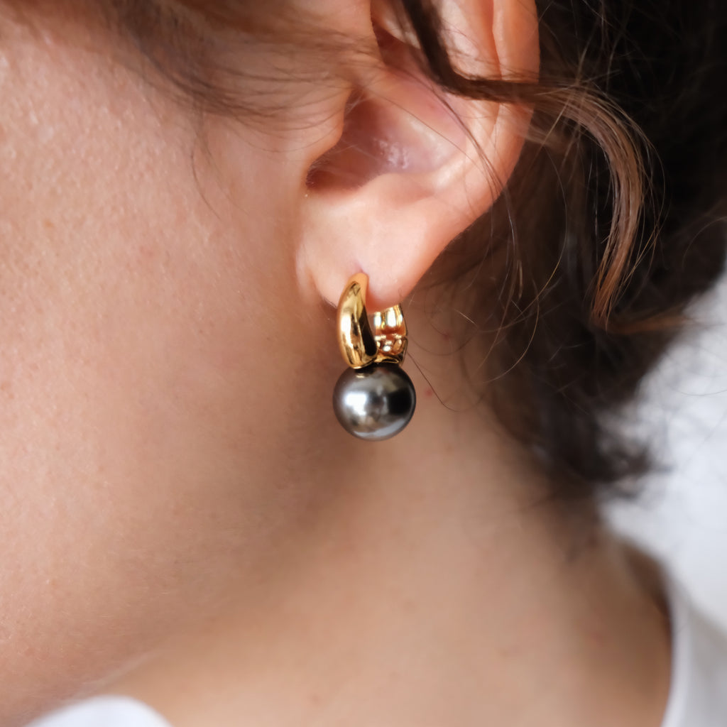 Elegant Gold and Gray Tahitian Pearl Earrings, Chic Bridesmaid Jewelry, 12mm Pearls, Wedding Gift for Her