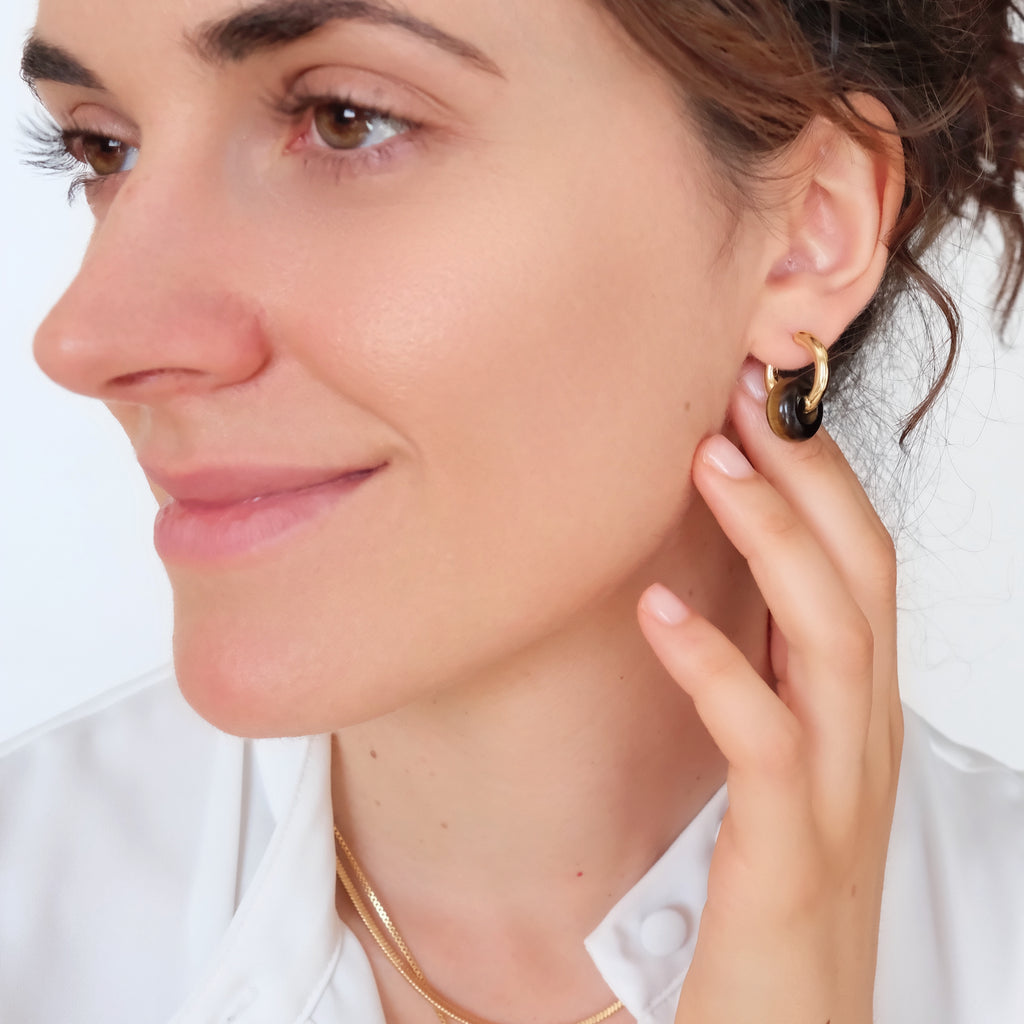 Tigers eye hoop earrings, Chunky gold hoop earrings, Brown gemstone hoop earrings, Everyday earrings, Gifts for her