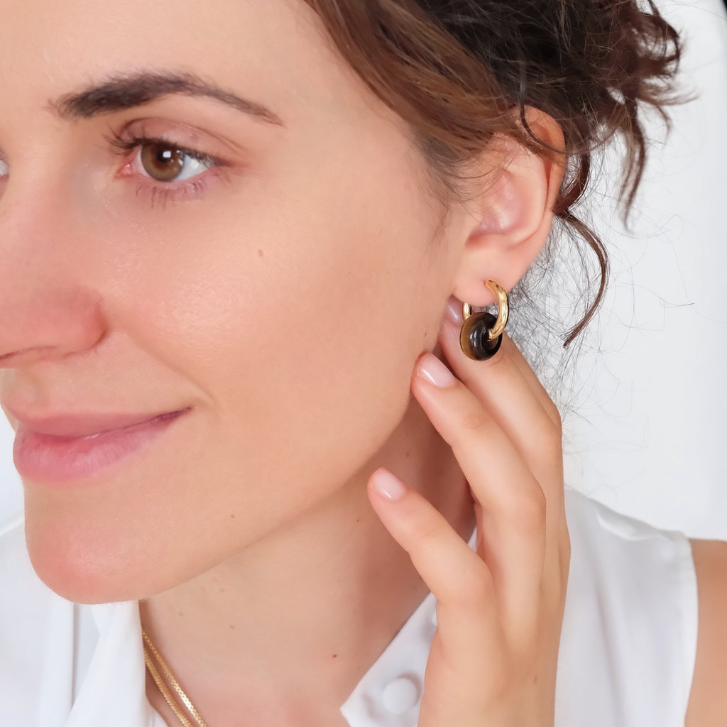 Tigers eye hoop earrings, Chunky gold hoop earrings, Brown gemstone hoop earrings, Everyday earrings, Gifts for her
