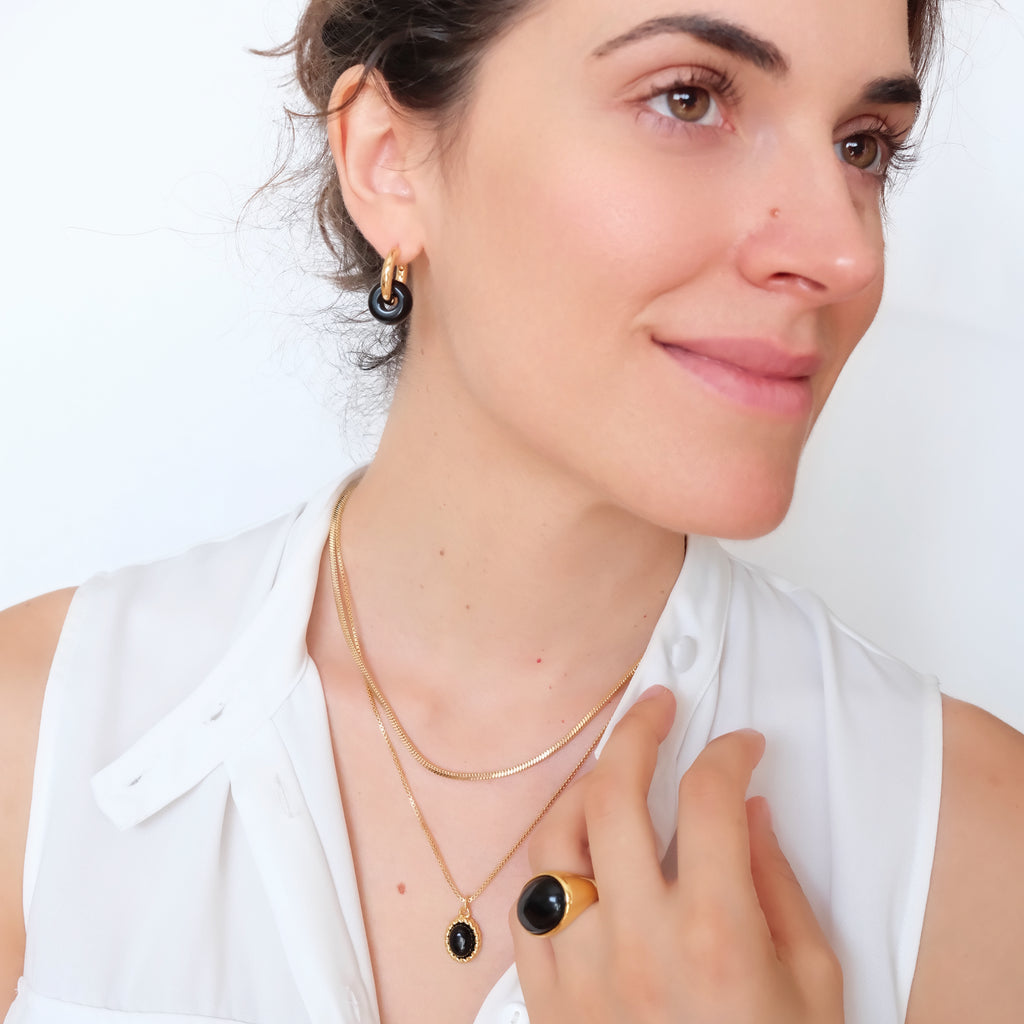 Dainty black onyx necklace, pendant, Black stone necklace, Statement layering necklace set, Gifts for sister, Gifts for her