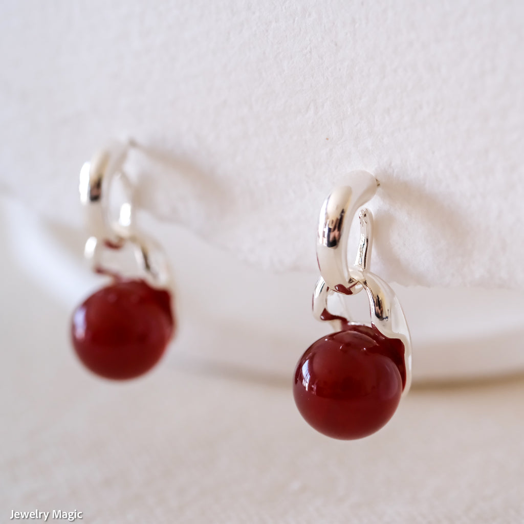 Red gemstone ball earrings, Dangle ball earrings, Anniversary gifts, Gifts for her