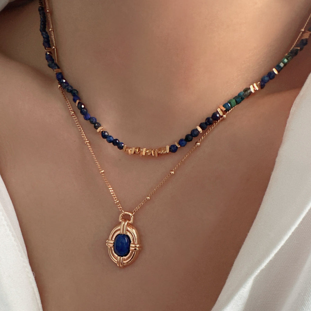 vintage Lapis lazuli necklace layered with lapisl lazuli beaded choker