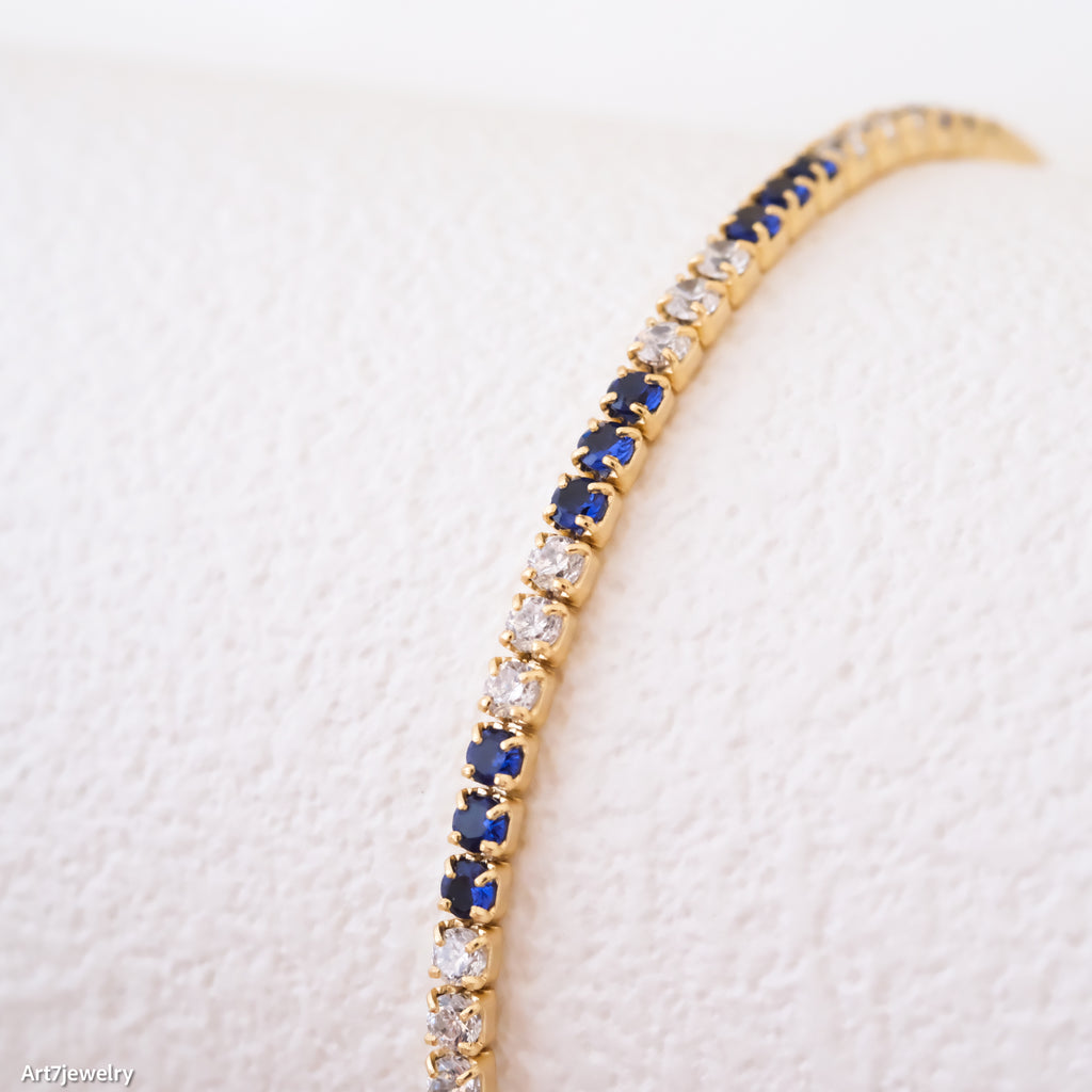 Dainty sapphire & diamond cz tennis bracelet, 14k gold plated tennis bracelet, 2mm thin tennis bracelet, Birthday gifts