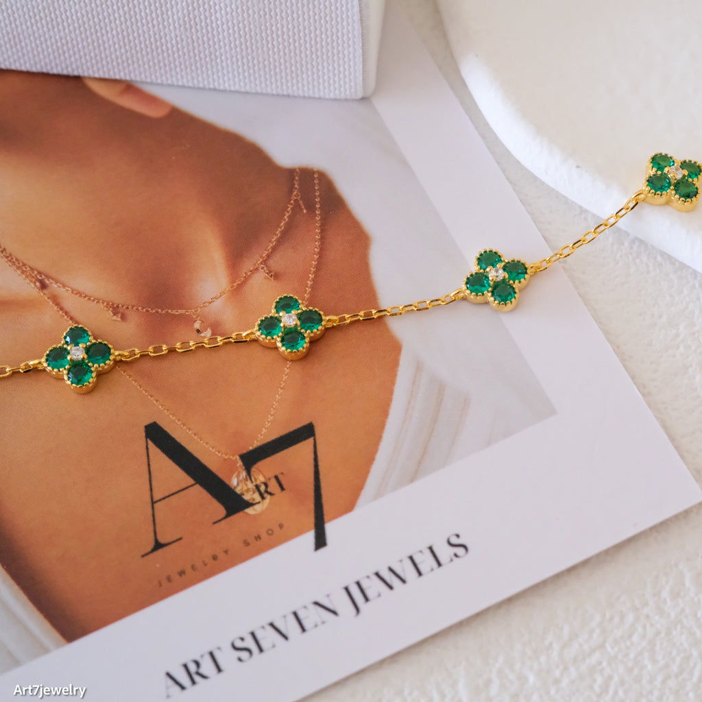 18k gold ivy flower emerald cz bracelet,