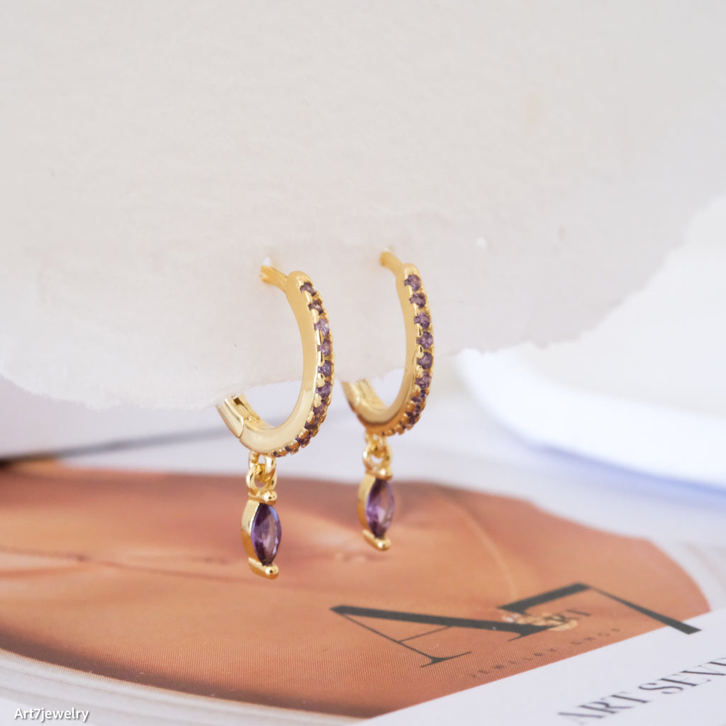 Amethyst huggie hoop earrings, Sterling silver earrings, Gift for her