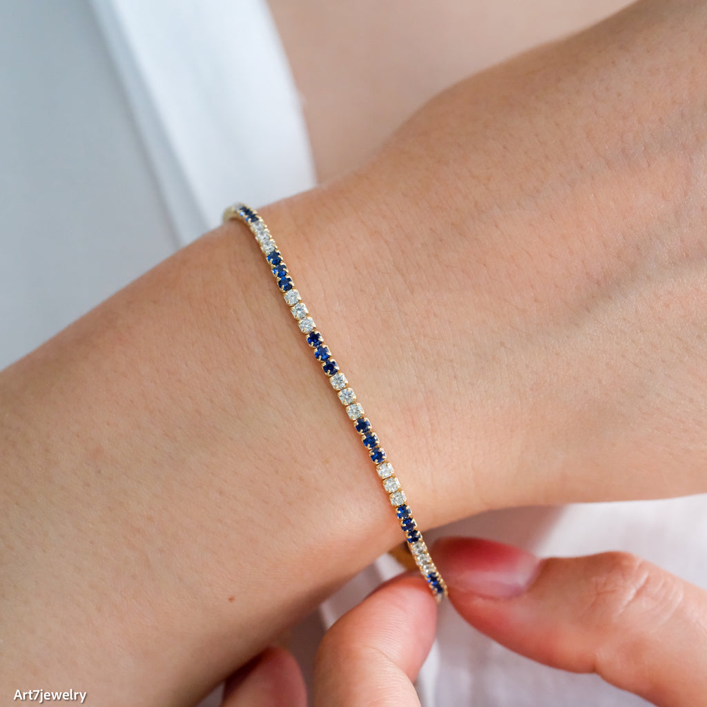 Dainty sapphire & diamond cz tennis bracelet, 14k gold plated tennis bracelet, 2mm thin tennis bracelet, Birthday gifts
