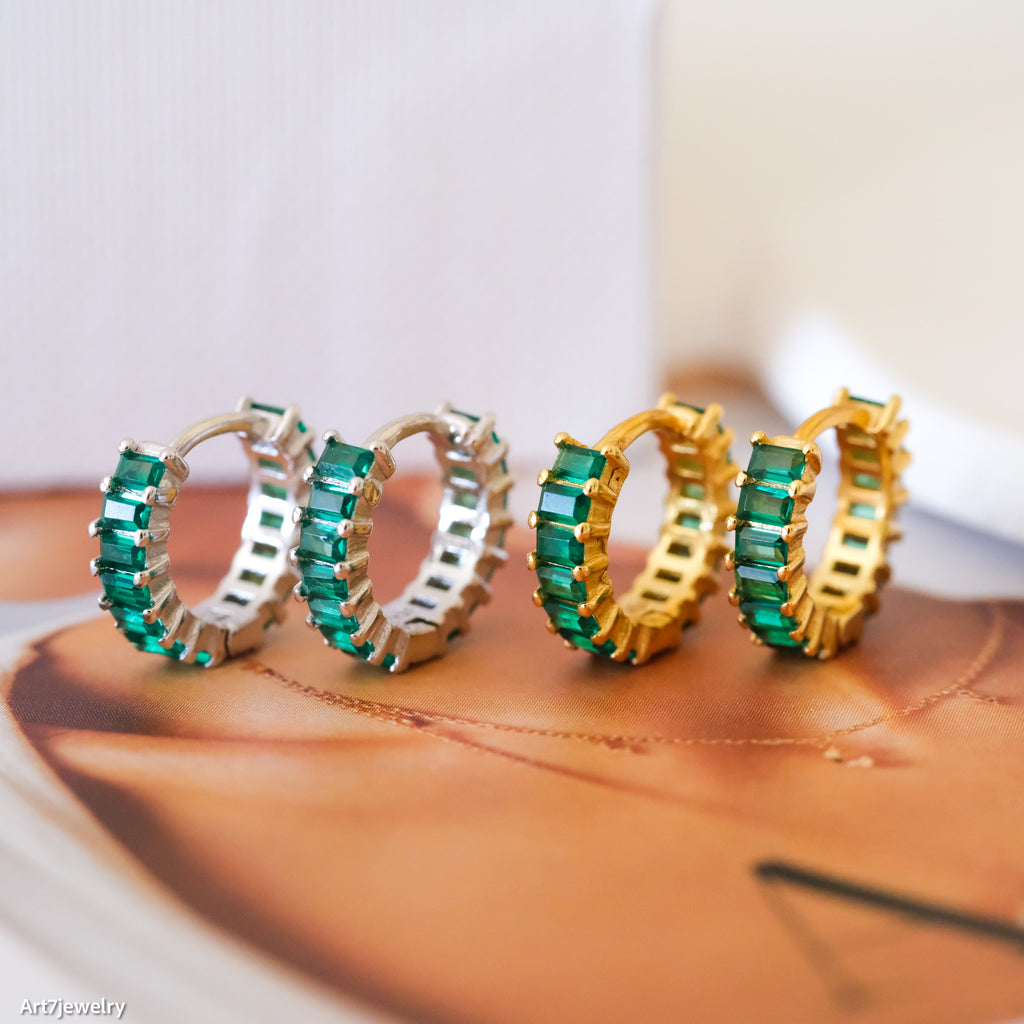 Baguette Emerald Hoop Earrings