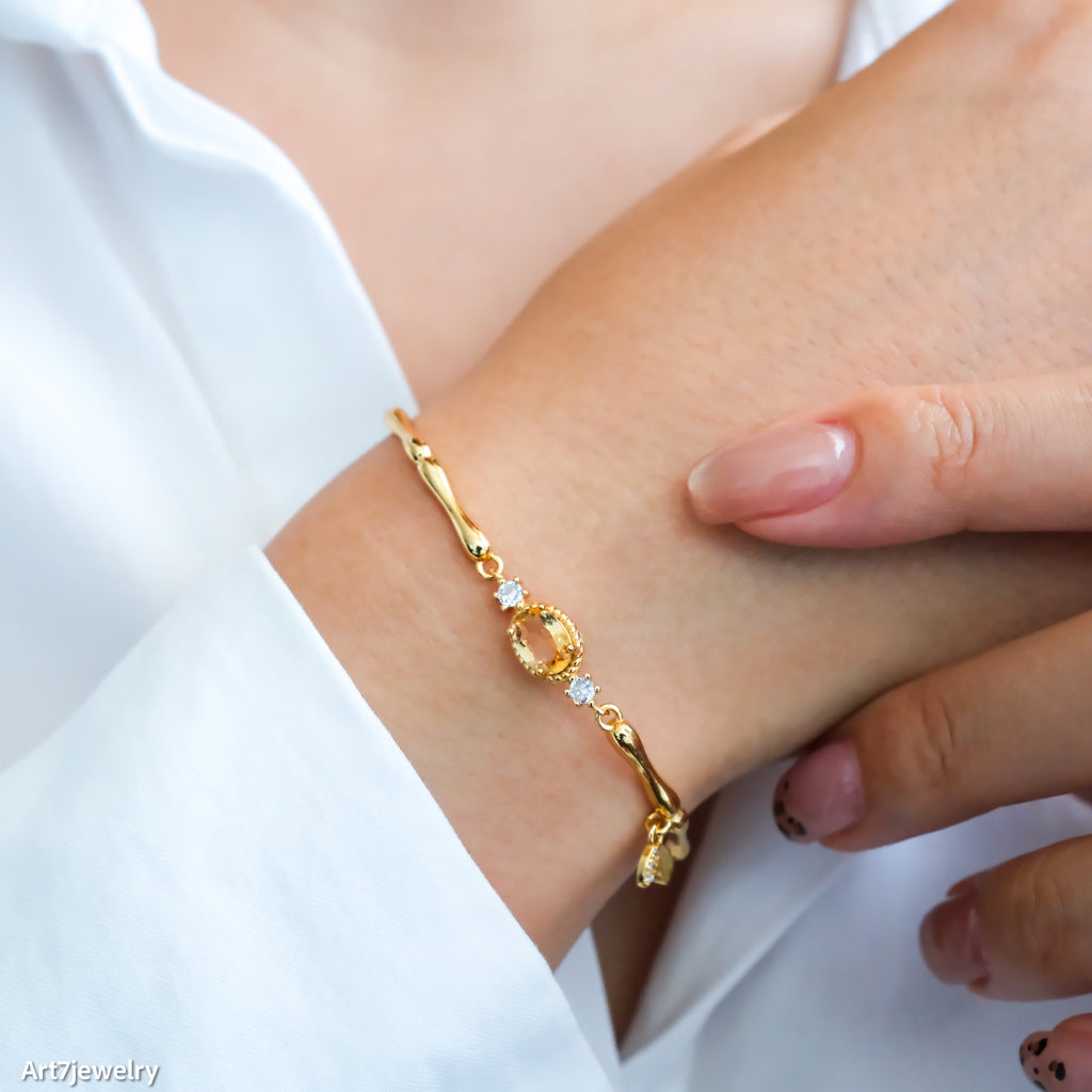 Chunky Citrine Bracelet, Gold Citrine Bracelet, November Birthstone Jewelry, 925 silver bracelet , Gift for women