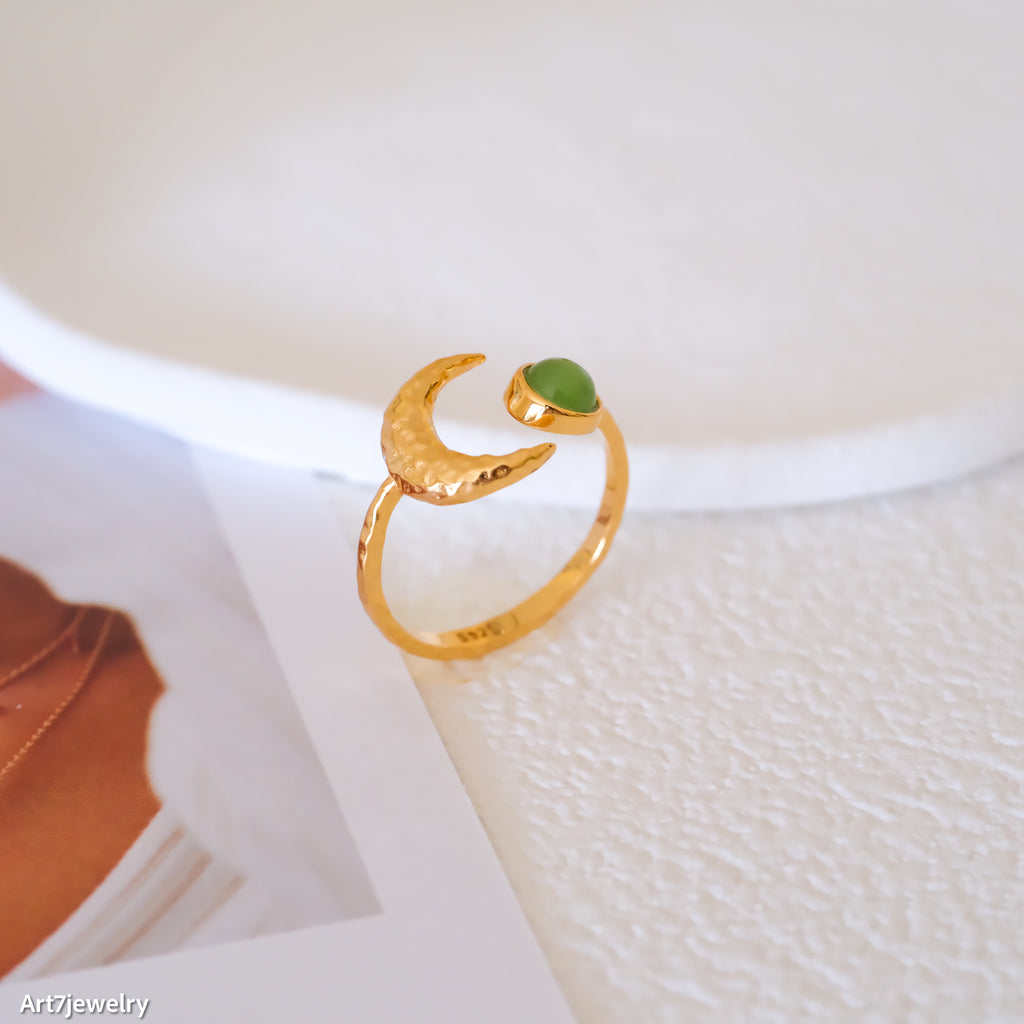 Natural Jade ring, Green Jade Adjustable Ring, Crescent Moon Ring, Open ring, 925s silver ring, Gifts for her