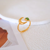 Natural Jade ring, Green Jade Adjustable Ring, Crescent Moon Ring, Open ring, 925s silver ring, Gifts for her