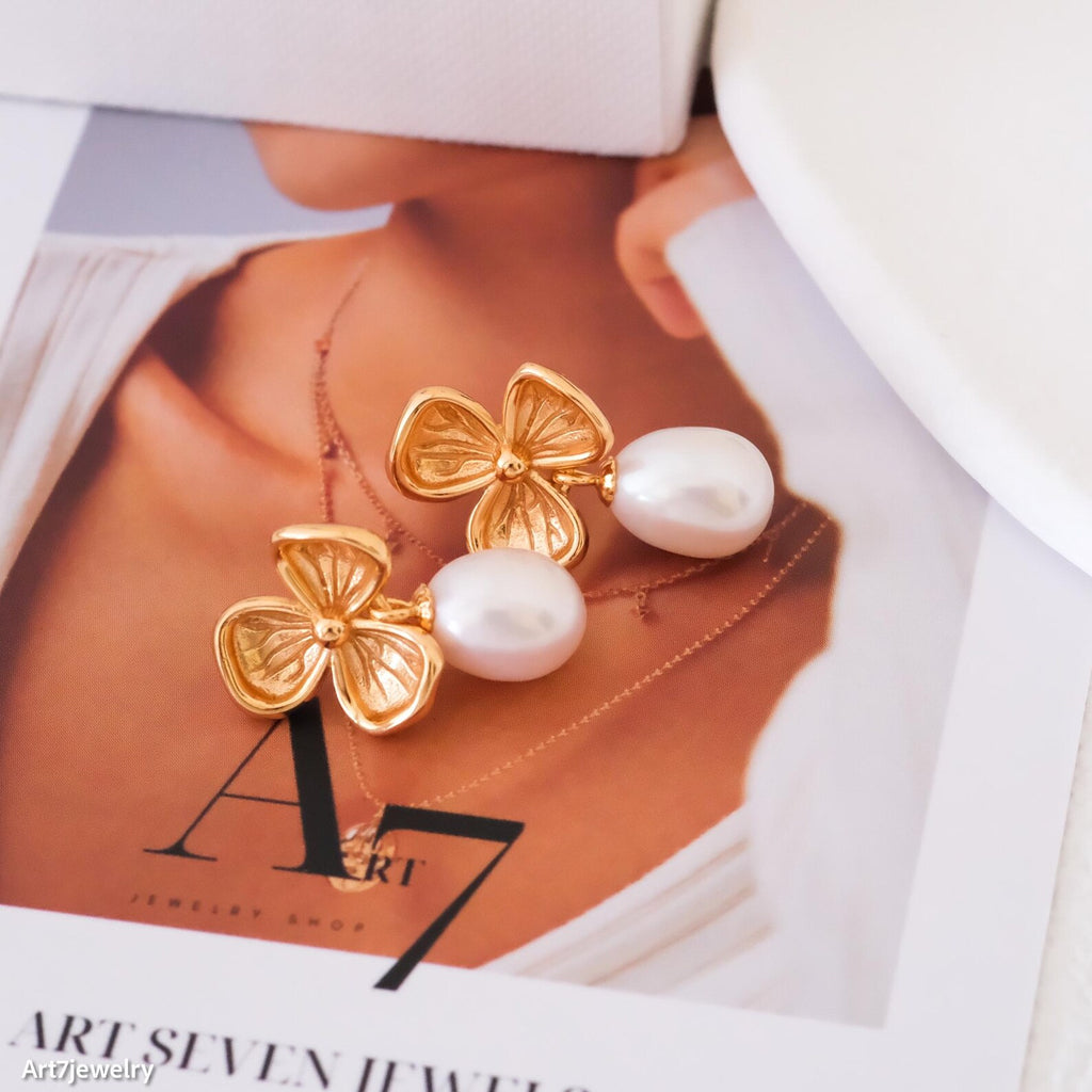 Freshwater Pearl Drop Earrings, Natural Pearl Earrings, Floral Stud Earrings, Bridal earrings, Gifts for her