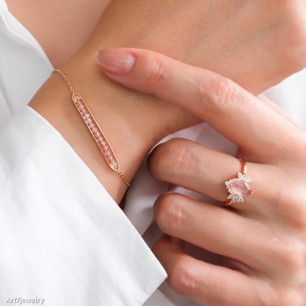 Rose strawberry quartz ring, Dainty rose quartz ring, Pink gemstone ring, Silver Ring, Gifts for her