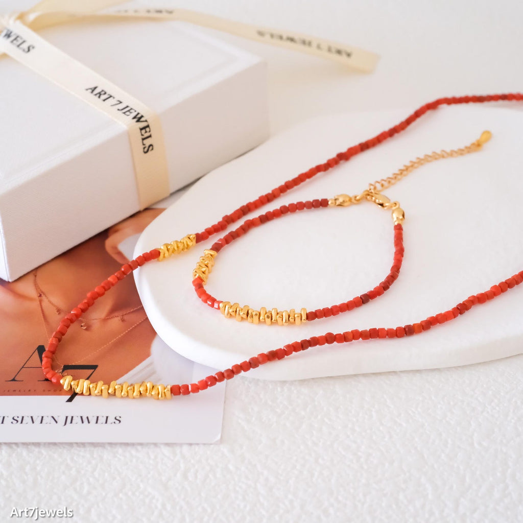 Carnelian and gold beaded jewelry set