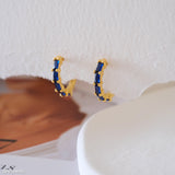Blue stone hoop earrings with rectangular blue gemstones and gold-tone huggie hoops for women