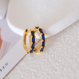 Blue stone hoop earrings with rectangular blue gemstones and gold-tone huggie hoops for women