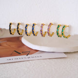 Blue stone hoop earrings with rectangular blue gemstones and gold-tone huggie hoops for women