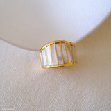 Mother of pearl gold ring for women, wide band statement ring with white shell inlay and polished gold finish