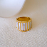 Mother of pearl gold ring for women, wide band statement ring with white shell inlay and polished gold finish