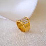 Mother of pearl gold ring for women, wide band statement ring with white shell inlay and polished gold finish