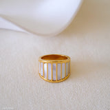 Mother of pearl gold ring for women, wide band statement ring with white shell inlay and polished gold finish