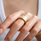 Mother of pearl gold ring for women, wide band statement ring with white shell inlay and polished gold finish