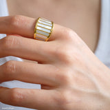Mother of pearl gold ring for women, wide band statement ring with white shell inlay and polished gold finish