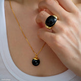 Black onyx gold ring with glossy black gemstone, black stone statement ring for women, gold gemstone jewelry