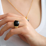 Black onyx gold ring with glossy black gemstone, black stone statement ring for women, gold gemstone jewelry