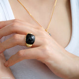Black onyx gold ring with glossy black gemstone, black stone statement ring for women, gold gemstone jewelry