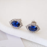 Silver sapphire earrings, Oval stone earrings, Vintage earrings, Sterling silver earrings, Gift for her