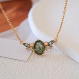 Natural Moss Agate necklace featuring a genuine green moss agate gemstone with marquise green stones and sparkling accents on a sterling silver chain, dainty green gemstone necklace, crystal jewelry gift for her.