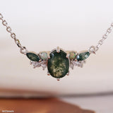 Natural Moss Agate necklace featuring a genuine green moss agate gemstone with marquise green stones and sparkling accents on a sterling silver chain, dainty green gemstone necklace, crystal jewelry gift for her.