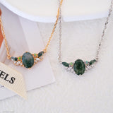Natural Moss Agate necklace featuring a genuine green moss agate gemstone with marquise green stones and sparkling accents on a sterling silver chain, dainty green gemstone necklace, crystal jewelry gift for her.