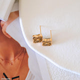 Clover shell stud earrings with iridescent natural shell inlays and gold-tone openwork radiating line details.
