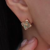 Clover shell stud earrings with iridescent natural shell inlays and gold-tone openwork radiating line details.