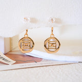 Gold-tone turquoise drop earrings with iridescent mother of pearl discs and detailed sunburst center accents.
