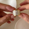 Mother of pearl gold ring for women, wide band statement ring with white shell inlay and polished gold finish